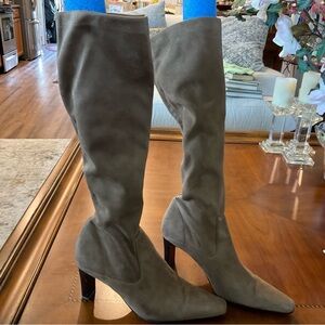Knee-High Pointed Toe Heeled Boots - Olive Green